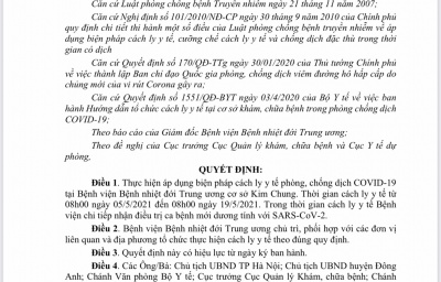 Quyết định áp dụng biện pháp cách ly y tế phòng, chống dịch Covid-19 tại Bệnh viện Nhiệt đới Trung ương cơ sở Kim Chung